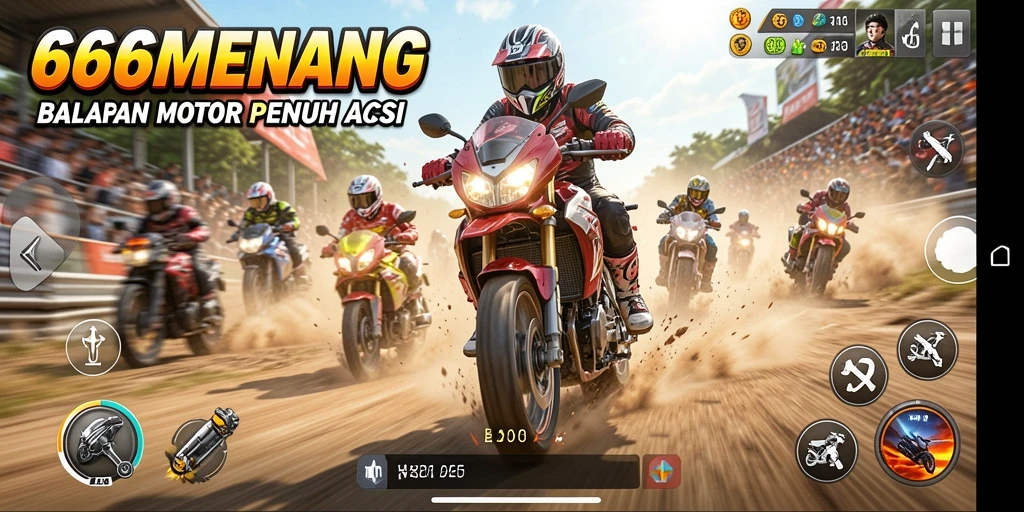 Tangkapan layar gameplay 666MENANG dengan balapan motor yang seru.