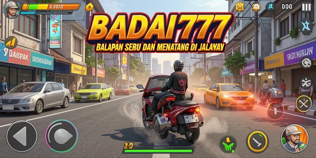 Screenshot utama BADAI777 yang menunjukkan aksi balapan yang seru dan cepat.