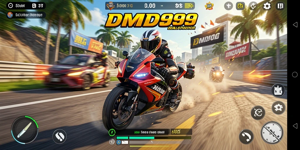 Gameplay DMD999 yang mendebarkan dan seru saat balapan motor.