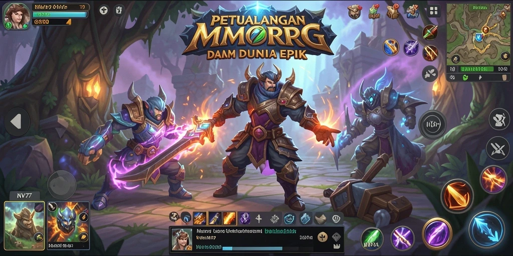 Screenshot gameplay NV77 menampilkan pertarungan epik di dunia MMORPG.