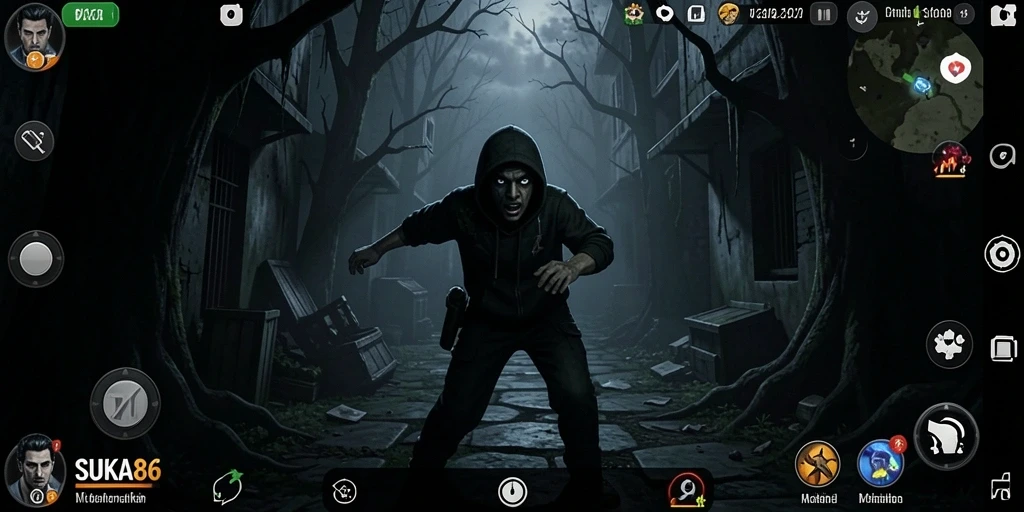 Tampilan grafis menegangkan dari gameplay <strong>SUKA86</strong>, menampilkan suasana yang mencekam.